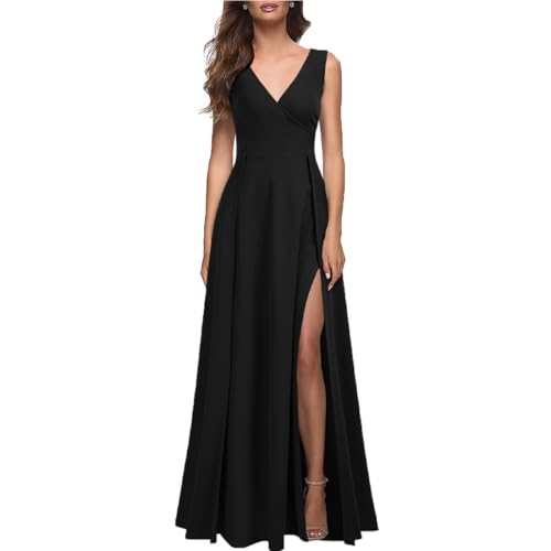 AOWVUTS Abendkleider Elegant für Hochzeit Festlich Brautjungfernkleider Formeller Abschlussball V-Ausschnitt Sexy Maxikleid mit Schlitz Ärmellos Sommer Ballkleider Lang Cocktailkleid Abschlusskleid