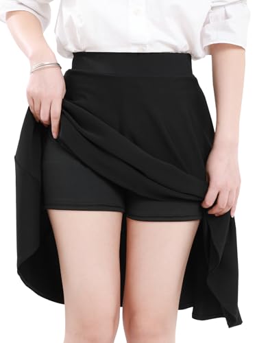 Damen Rock Basic Röcke für Damen mit hose drunter Knielange Skirt Röcke Solide-Elastischer Bund mit 2 Seitentaschen Schwarz XL