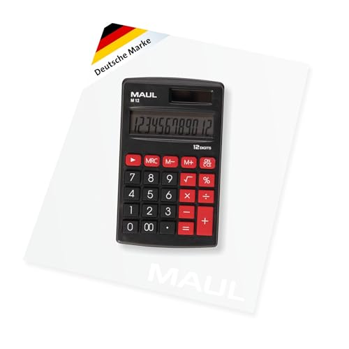 Maul Taschenrechner klein | Solarrechner mit 12-stelligem Display | Mini Rechner (11,5x7x1 cm & 46 g) ideal für Schule und Alltag | Abschaltautomatik | Batterienutzung bei Dunkelheit | Schwarz