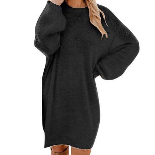 Generisch Pulloverkleid Damen Herbstkleid Langarm Strickkleid Damen Herbst Winterkleid Rundhals Pullover Kleid Elegant Midikleid Einfarbig Freizeitkleid Knielang Knitted Dress Oversize Black 1 XXL