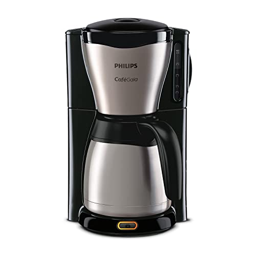 Philips Café Gaia Filterkaffeemaschine – Edelstahl-Thermoskanne, Tropf-Stopp, Intensives Aroma, Automatische Abschaltung, 1.300 ml, Schwarz (HD7546/20)
