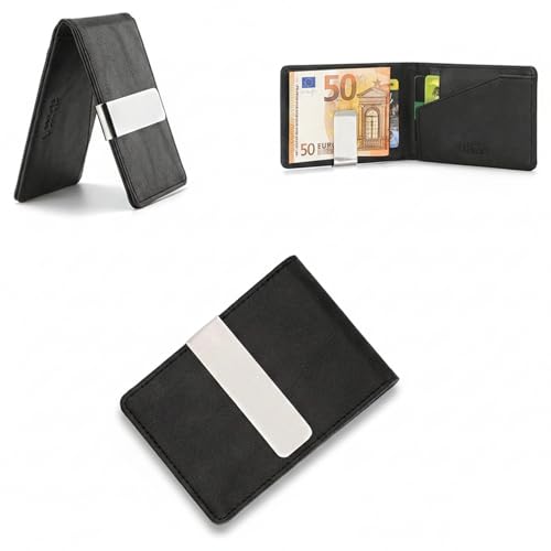 RisePlus Geldklammer Herren, Slim Wallet mit Geldklammer, Money Clip, Ultraleichtes Kartenetui, Kompaktes RFID‑Kreditkartenetui, Minimalistisches Portemonnaie mit Geldscheinklammer （Schwarz）
