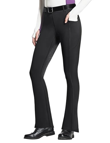FitsT4 Sports Damen Reithose Bootcut Reitleggings Silikon Vollbesatz Schlaghose Reithose mit Handytasche und Gürtelschlaufen für Reitsport Pferdetraining Reitturnier,Schwarz,M