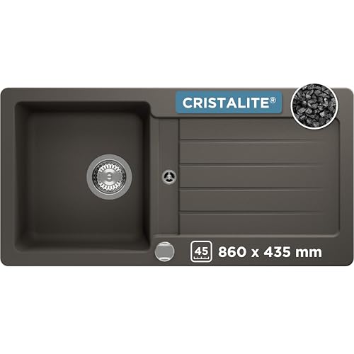 SCHOCK Küchenspüle Typos D-100S Asphalt 86x43,5 cm - CRISTALITE® Grau mit Abtropffläche - Küchenspüle für 45 cm Unterschrank - Reversible Einbauspüle - Robuste Quarzkomposit-Oberfläche