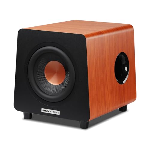 AIYIMA 800X Subwoofer Aktiv 8 Zoll, 100Watt Sub Woofer mit RCA AUX LFE Eingänge, Integrierter Verstärker, MDF Gehäuse, Braun – Für Heimkino & HiFi