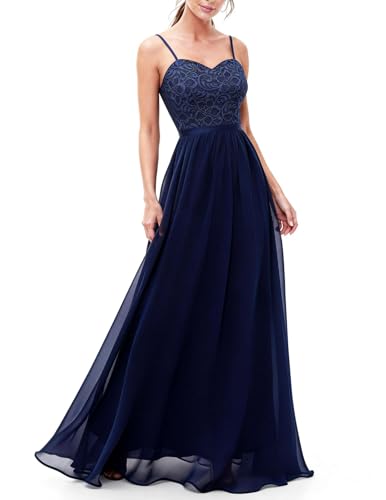 DRESSTELLS Abendkleider Elegant für Hochzeit Dunkelblau Festlich Ballkleid Damen Lang Brautkleid Standesamt Brautjungfernkleider mit Träger Jugendweihe Kleider Navy S