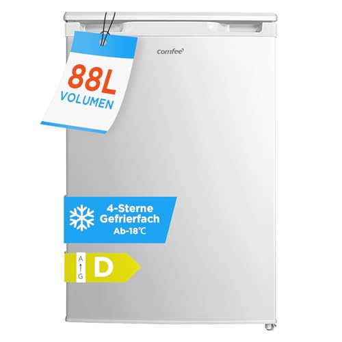 COMFEE RCU83WH3EU(E) 88L Gefrierschränke mit Inverter-Kompressor, D‑Energieeffizienz, -18°C 4-Sterne-Gefrieren, Leise 39 dB, Gefrierschrank klein 55 cm Breite, 3 Fächer für Küchen Büros-Weiß