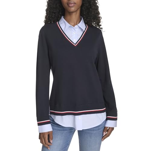 Tommy Hilfiger Langärmeliger Damen-Pullover mit Knopfleiste und Kragen, Sky Captain Multi, Mittel