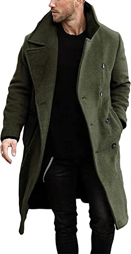 Runcati Herrenmantel, gerader Schnitt, langer Trenchcoat mit Wollrevers, zweireihig, Winterjacke für Business, grün, XXL