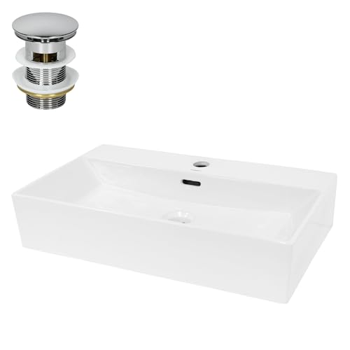 LuxeBath Waschbecken Keramik 605x365x130 mm eckig Weiß mit Ablaufgarnitur Silber, Aufsatzwaschbecken Badezimmer/Gäste-WC, Aufsatzbecken, Hängewaschbecken Wandmontage, Waschtisch Waschschale Waschplatz