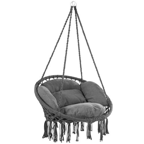 DETEX® Hängesessel Outdoor & Indoor mit Kissen Hängestuhl 150kg Belastbar Boho Stil Wetterfest Schaukelsessel Garten Hängesitz Anthrazit