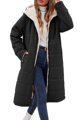 Vancavoo Wintermantel Damen Lang Winterjacke Warm Gefüttert Winterparka Winter Jacke Mantel Parka Steppmantel Daunenmantel mit Kapuze,Schwarz,M
