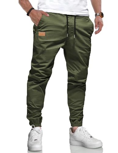LIUPMWE Herren Hose Chino Cargohose Jogginghose Baumwolle Casual Sporthose Sweatpants Herren mit Taschen Freizeithose Elastische Taille mit Kordelzug,XL,Grün