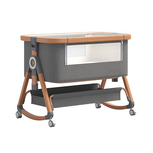 GLOKID 3in1 Baby Beistellbett Reisebett, Babybetten, Mit Rollen, Sechs Ebenen Stufen Höhenverstellung, Wiege, Höhenverstellug und Einstellung der Neigung der Matratze (Goldgrau)