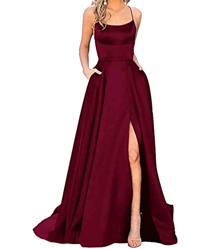 HAHAEMMA Damen Elegant Lange Ballkleider mit Taschen Satin A-Linie Backless Hochzeitskleid Abendkleider Sexy Neckholder Spaghetti Brautkleid Kleider Lang Prinzessin Brautjungfer Kleid (WR-L)
