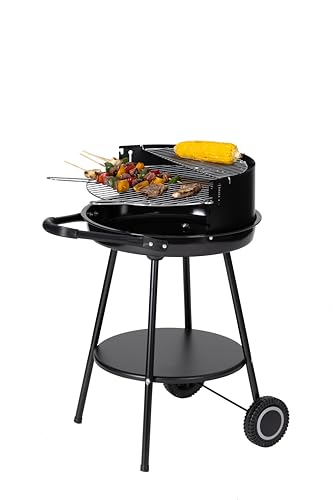 Tarrington House Holzkohlegrill Deluxe, Stahl, Tragbarer, rund, hohenverstellbarer Grillrost Ø 48 cm, mit Rädern, schwarz