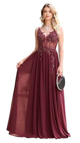 Misshow Luxuriöses langes Abendkleid für Zeremonien mit Pailletten und Perlen, mit floralen Spitzenapplikationen aus Chiffon, bordeaux, 34