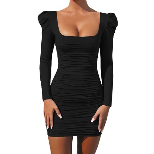 Gkaopi Damen Mini Rüschen Kleid Sexy Langarm Bodycon Kleid Elegant Kurz Wickelkleider Square Neck Cocktail Mini Kleid Slim Fit Festliche Partykleid