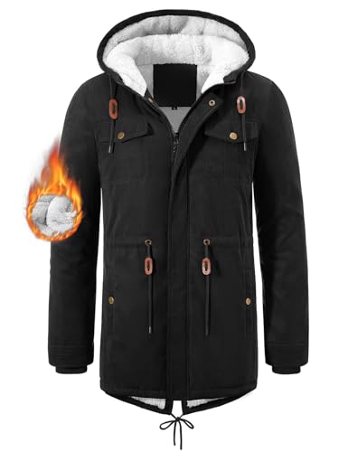 Vijamiy Winterjacke Herren Fleece Gefüttert Winterparka Mit Kapuze Warm Winddicht Lang Mantel Herren Winter Outdoor Parka Jacke(Schwarz,L)