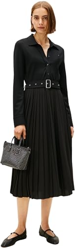 Tommy Hilfiger Damen Polokleid Interlock Mix Media mit Taillengürtel, Schwarz (Black), L