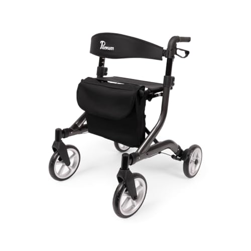 Parvum SuperLight Rollator – ultraleicht (5,1 kg), aus Aluminium, faltbar, (74 × 64 cm), mit Sitz und Rückenlehne, versteckten Bremskabeln – ideal für Alltag & Reise - Gehhilfe für Senioren - Grau