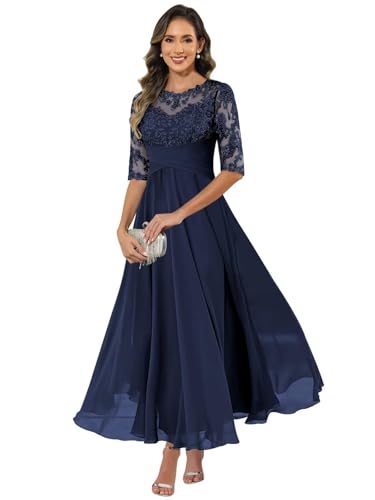 HUINI Damen Brautmutterkleid Chiffon Lang - Spitzen Formales Abendkleid Kleider Halbärmel A-Linie Festliche Für Hochzeit Marineblau 42