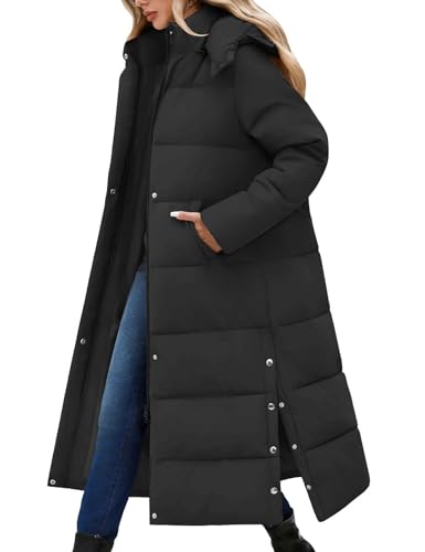 CMTOP Wintermantel Damen Lang Mit Kapuze Dicke Warme Winterjacke Extra Langer Winddicht Steppmantel Casual Wasserdicht Daunenmantel Elegant Lockerer Parka mit Schlitz(Schwarz, L)