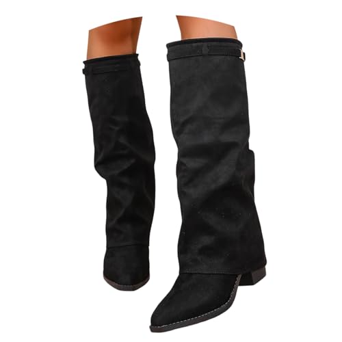 Generisch Kniehohe Stiefel Damen Fold Over Shark Boots Overknees Stiefel mit Absatz Blockabsatz Übergangsstiefel Dressy Kniestiefel Mittelalter Schuhe Retro Damenstiefel