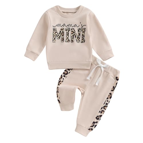 Geagodelia Baby Mädchen Kleidung Babykleidung Outfit Set Langarmshirt Sweatshirt + Leopard Hose Neugeborene Weiche Babyset Mama's Mini Zweiteiler (Beige A, 0-6 Monate)