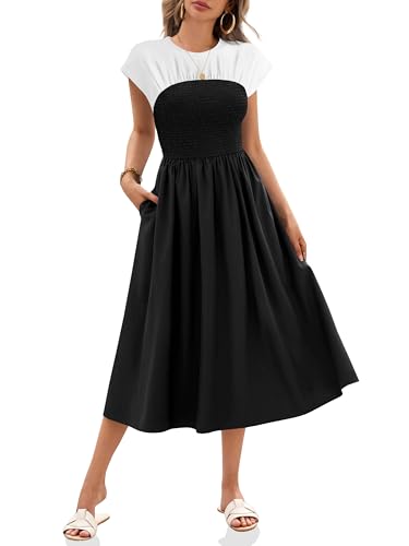 Wenrine Sommerkleid Damen Kurzarm Kleider Lang A-Linie Casual Maxikleid mit Taschen, Schwarz, L