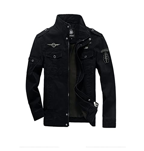 MERCIYD Herren Übergangsjacke Militär Jacke Stehkragen Fliegerjacke Baumwolle Bomber Jacke Multi Taschen Armeejacke Feldjacke (M, Schwarz)