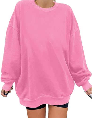 iudam Sweatshirt Damen Pullover Übergroßes Langarm Y2K Vintage Oversized Herbst Winter Casual Bluse Tops Oberteile,Rosa,XXL