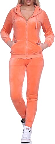 Jela London Damen Nicki Hausanzug Jogginganzug Velour Samt Jogging Freizeit Hose Kapuzen Jacke, Hellorange Apricot, 34-36 (S)