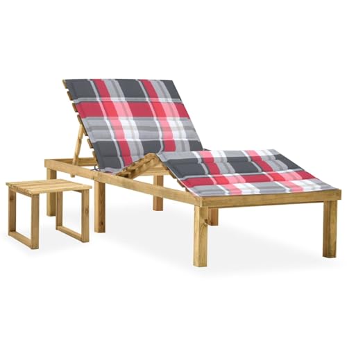 Homgoday Holz Sonnenliege mit Tisch & Kissen, Kiefer impr?gniert, 200x70cm, rot kariert - Gartenm?Bel Model3065877