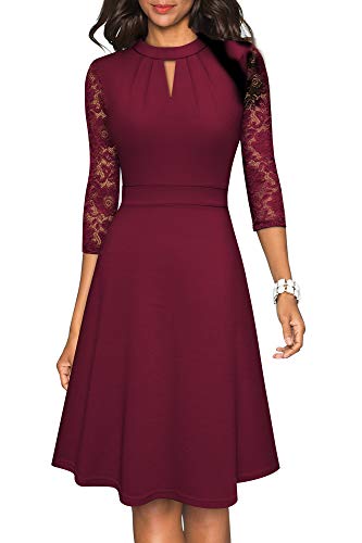 HOMEYEE Damen Elegant Hollow Out Spitzenärmel Swing Retro Party Cocktailkleid A234 (S, Burgund)