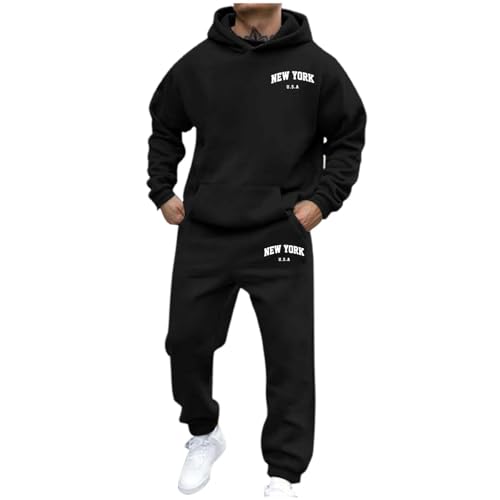 Jogginganzug Herren Trainingsanzug Freizeitanzug Einfarbig Hoodie Langarm mit Taschen Hausanzug 2-Teilig Fitness Kapuzenjacke Jogginghose Sportanzug Set Jogging Jogging Gym Tracksuit, Schwarz 3XL