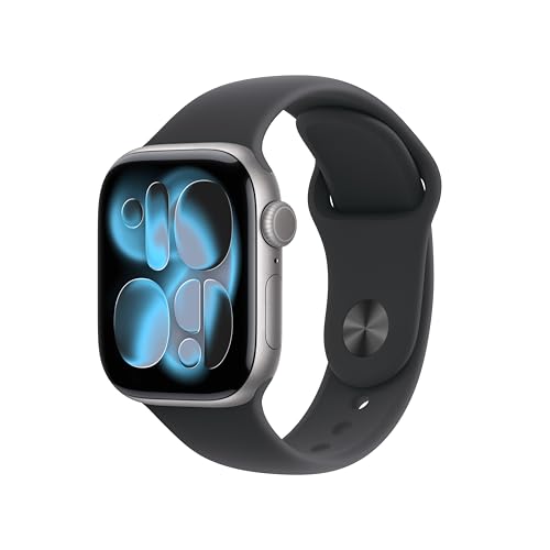 Apple Watch Series 11 GPS 42 mm Smartwatch mit Aluminiumgehäuse in Space Grau und Sportarmband in Schwarz (M/L). Schlafindex, Fitnesstracker, Gesundheitstracking, Always-On Display, Wasserschutz