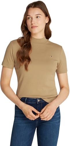 Tommy Hilfiger Damen T-Shirt Kurzarm Slim Cody Crop Mock-Kragen, Beige (Safari Canvas), XL