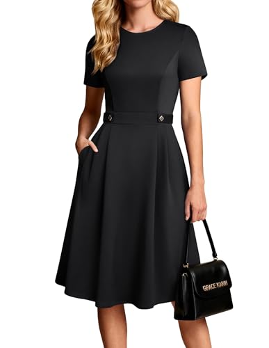 Damen Kleider Elegante, A-Linie Rundhals Kuzarm Kleid Damen mit Tasche, Business Festliche Kleider Rockabilly Schwarz L