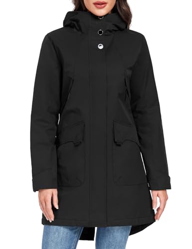Vancavoo Übergangsjacke Damen Wintermantel Lang Leichte Jacke mit Kapuze Softshellmantel Übergang Mantel Parka Übergangsmantel für Frühling Herbst,Schwarz,M