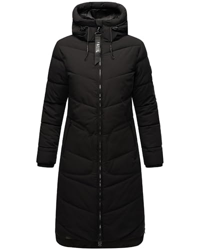 MARIKOO Damen langer Wintermantel warmer Steppmantel mit verstellbarer Kapuze Benikoo Black Gr. M