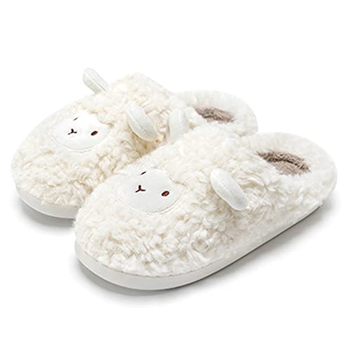 ZNEL Unisex- Herren und Damen Cartoon niedlich und gemütlich weich Flauschigen Plüsch Cosy Schaf Hausschuhe Indoor/Outdoor rutschfeste Pantoffeln,Weiß,38~39