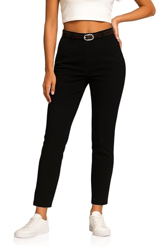 Kendindza Chino Damen Hose Stretch mit Gürtel Stoffhose Damen elegant lang Stretchhose weiches Material Schwarz M