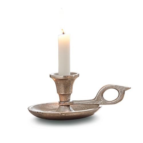 Loberon Kerzenständer Aida, mit Tropfschale und Griffring, klassischer Stil, für Stabkerzen, Kerzenhalter, Kerzenleuchter, Aluminiumguss, antiksilber