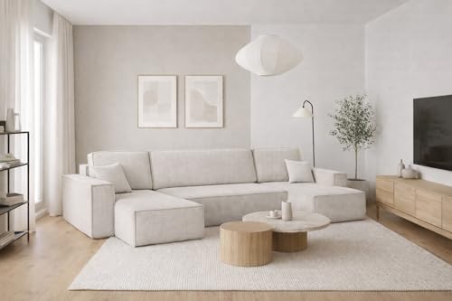 Kaiser Möbel, Ecksofa mit schlaffunktion, mit Bettkasten, Schlafsofa Best, Designer U-Form Sofa, Modern Design Couch, Polsterecke, Freistehend, Dicker Cord, Beige