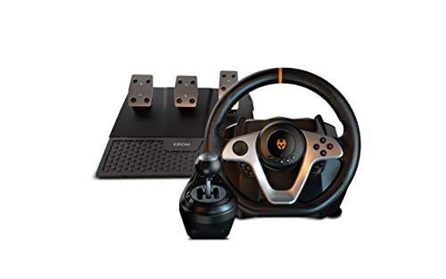 KROM K-WHEEL PRO – Professionelles Gaming-Lenkrad mit Pedalen, Schalthebel, integrierten Schaltwippen, 3 einstellbaren Empfindlichkeitsmodi, kompatibel mit PC, PS3, PS4, Xbox One und Switch – Schwarz