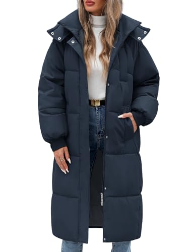 Vancavoo Wintermäntel Damen Lang Daunenmantel Winter Winterjacke Warm Steppmantel Jacke Mantel Daunenjacke Steppjacke mit Kapuze,Marineblau,XL