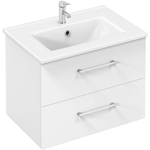 Yaheetech Waschbeckenunterschrank Hängender Badezimmerschrank mit Waschbecken Badmöbel Set 2-teilig Unterbau inkl. Waschbecken & Schubladen Badschrank Wandschrank mit Keramikbecken, Hochglanz, Weiß