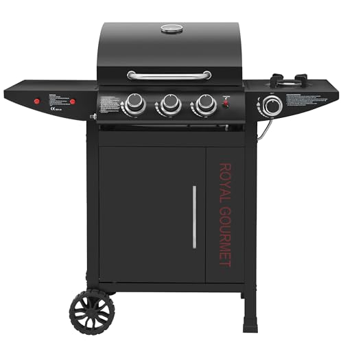 Royal Gourmet Gasgrill 3+1 Brenner Grillwagen mit 11,5 kW, Campinggrill mit Seitenbrenner, Outdoor Gas Grill inkl. Haken, Unterschrank für Balkon, Party Schwarz