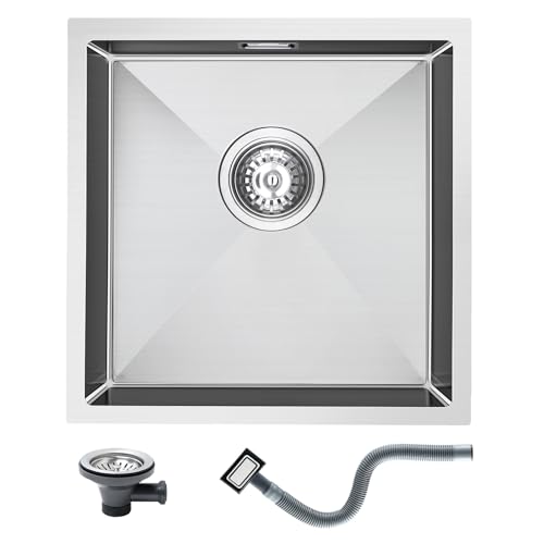 KEOKBON 304 Edelstahl Spüle küche 40 X 40 cm, Waschbecken Küche Eckig Küchenspüle mit Siebkorb und Überlaufgarnitur, Einbauspüle Klein ab 40er Unterschrank, Edelstahl Gebürstet, Kitchen Sink